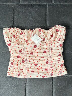 Free People Scottie strapless printed tube top ivory floral polka dot size S NWT